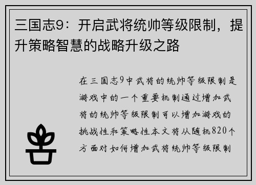 三国志9：开启武将统帅等级限制，提升策略智慧的战略升级之路